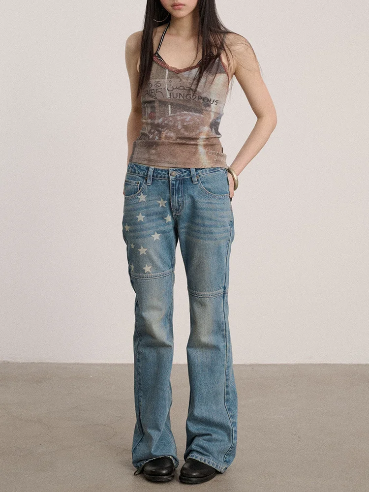 

Low Waist Bell Bottom Denim Jeans Women's Summer New Style American Retro Star Washed Splicing Jeans plus Size Straight Leg