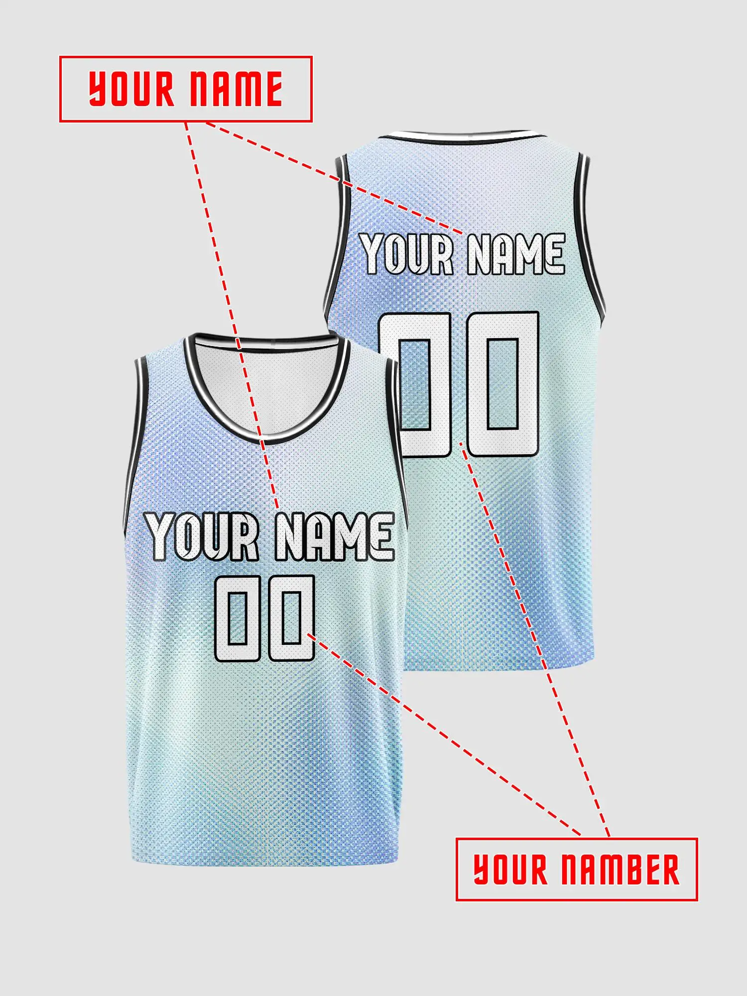 Light Cyan‑Blue Gradient Custom Kids Basketball Jersey, Breathable Mesh Tank With Personalized Logo‑Print
