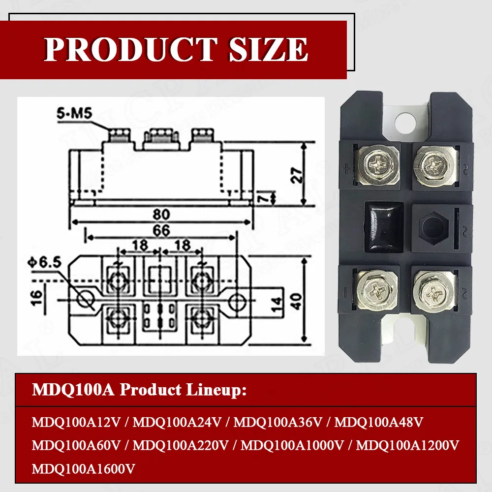 Single Phase Rectifier Bridge Module AC to DC MDQ100A 12V 24V 36V 48V 60V 220V 1000V 1200V 1600V