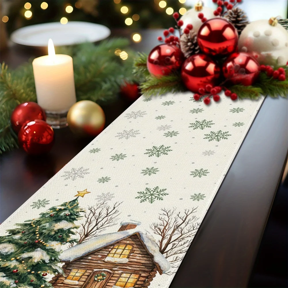 1 Christmas Cabin Tree Table Runner Snowflake Pattern Festive Winter Holiday Decor for Dining Table Christmas Party Decorations