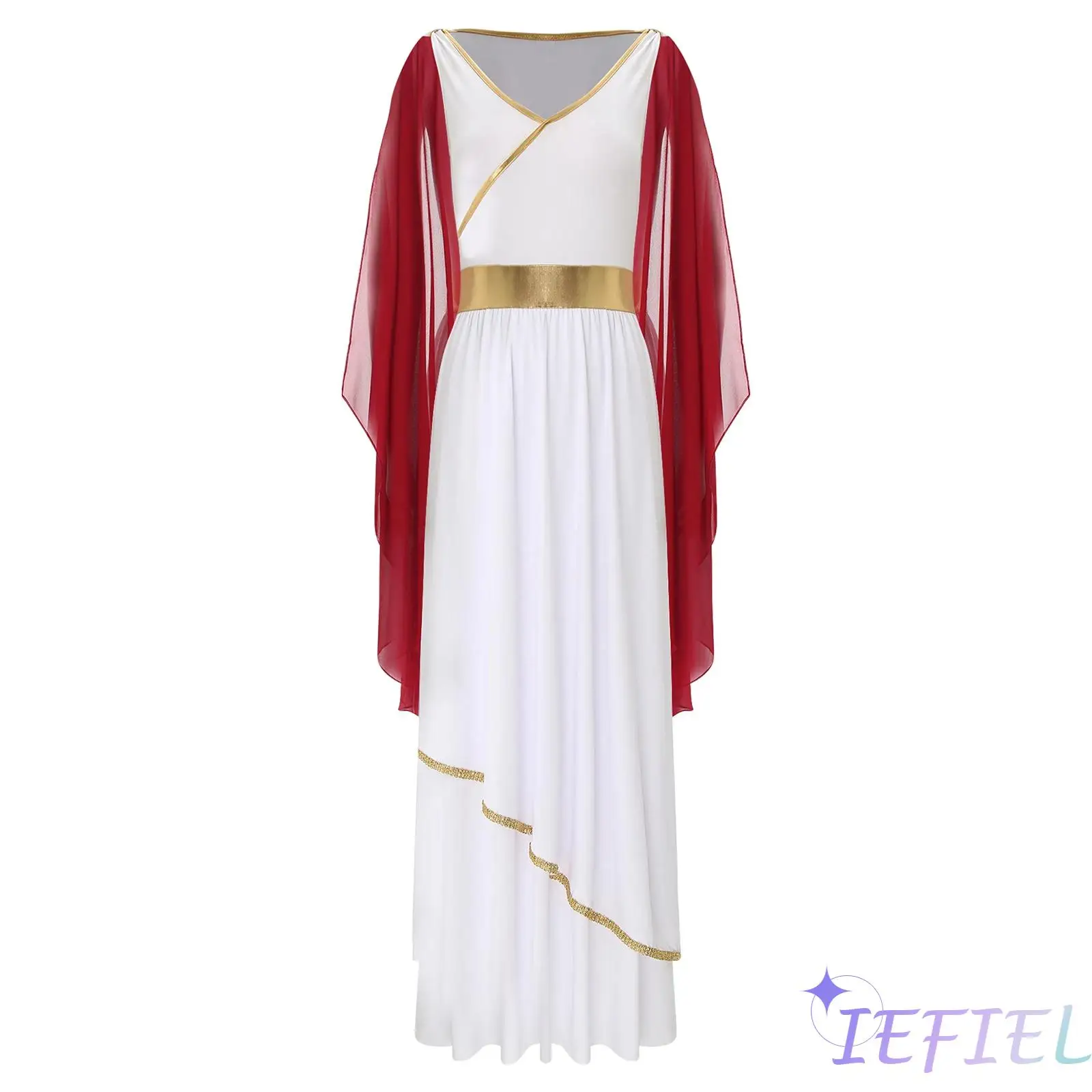 

Womens Ancient Greek Beauty Dress Halloween Costumes V Neck Sleeveless Gold Trims Toga Greece Roman Queen Cosplay Dress