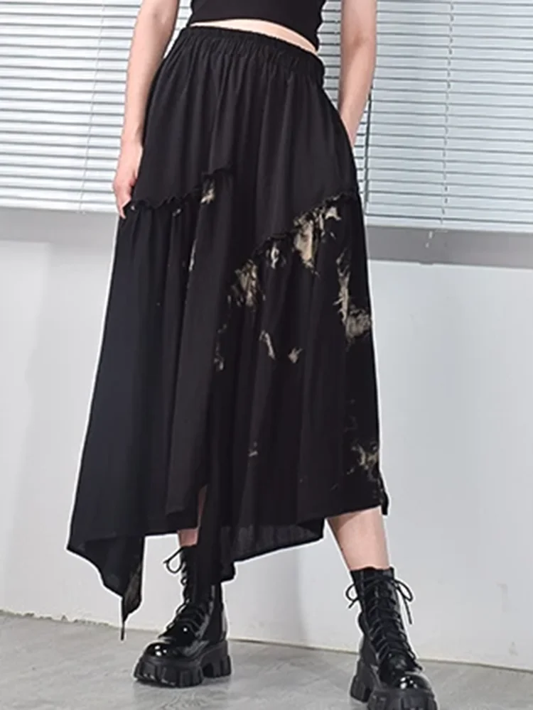

XITAO Asymmetrical Tie Dye Print Skirt Contrast Color Splicing Casual Loose Fashion Elastic Waist 2024 New All-match DZL5010