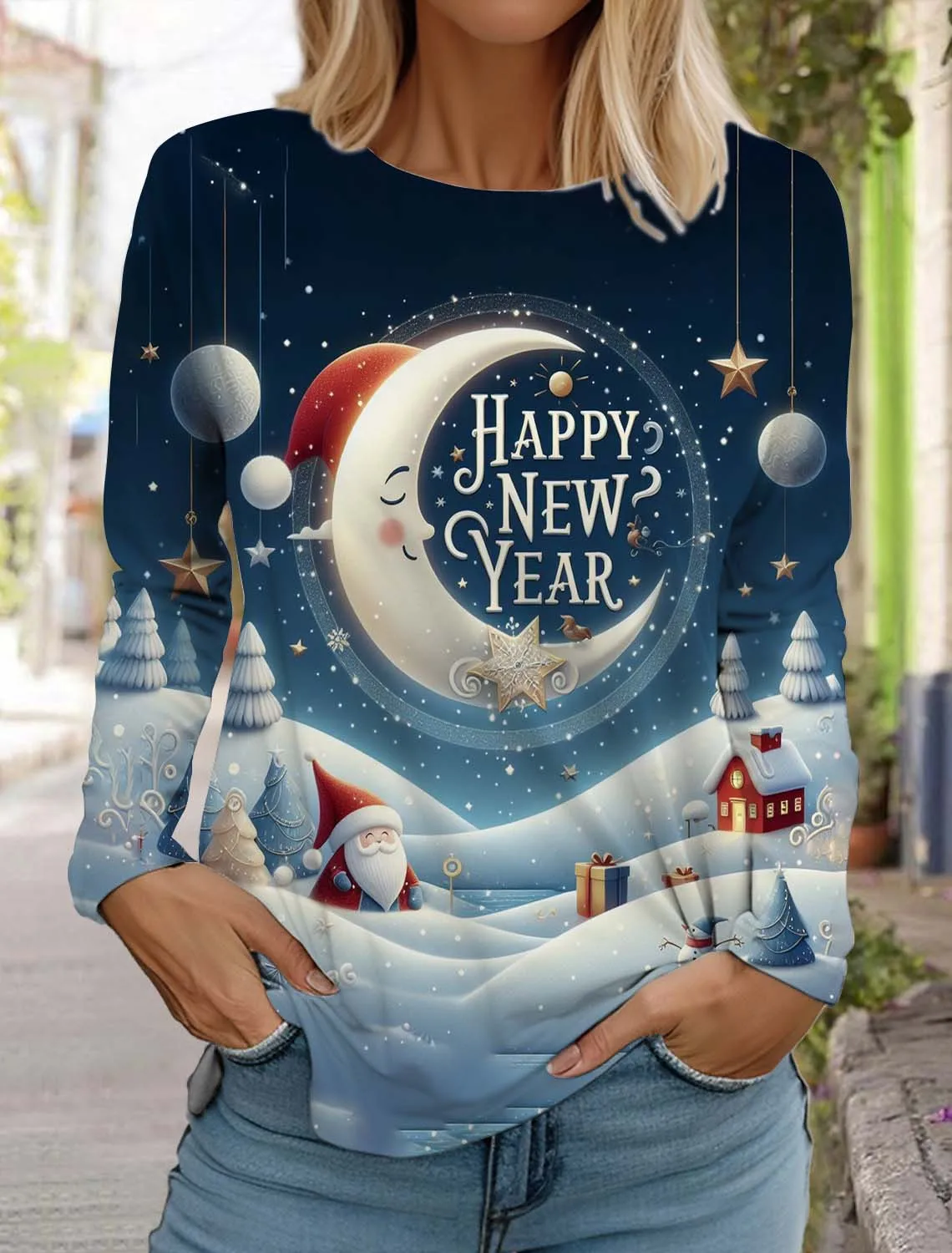 2025 Happy New Year Pattern 3D Print Women's Long Sleeves T-Shirt Round Neck Autumn New Fashion Clothing Holiday  Party T-Shirts