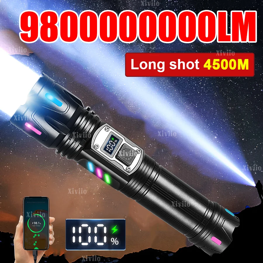 

Суперяркий светодиодный фонарь 98000000LM, перезаряжаемый, с дальностью действия 4500 м, тактический, водонепроницаемый, для рыбалки