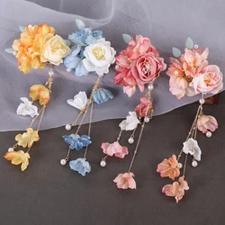 Simulation Flower Hair Decor Side Clips With Beads Chinese Japanese Headdress Metal Hairgrip With Removable Dangle Tassel