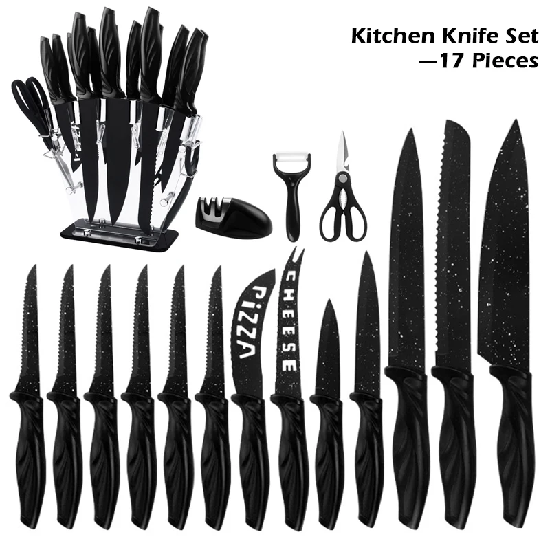 

XITUO Kitchen Knife Set 17 pcs German High Carbon Stainless Steel Chef With Serrated Steak Scissors Peeler Cheese Pizza Holder