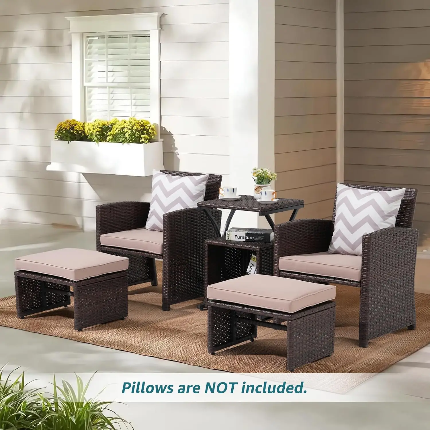 6-Piece PE Wicker Patio Set w/Chairs & Ottomans, Square Table w/2-Tier Shelf, Side Table, Outdoor Balcony Lounge Furniture, Beig