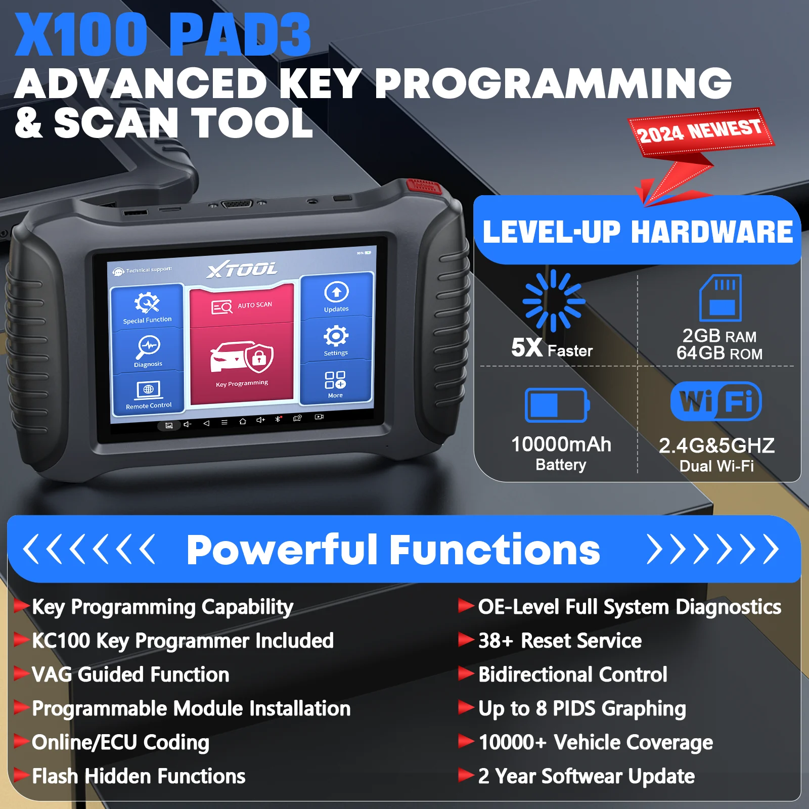 XTOOL X100 PAD3 엘리트 IMMO 키 프로그래밍 도구, KC100 전체 시스템 진단 스캐너, 활성 테스트 38 + 재설정, 모든 키 손실