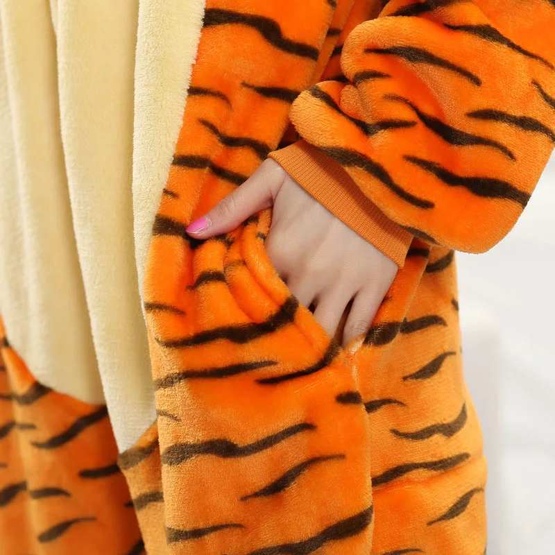 Unisex inverno uma peça dos desenhos animados pijamas de tigre com duas orelhas redondas poliéster fino quente magro bonito confortável sleepwear