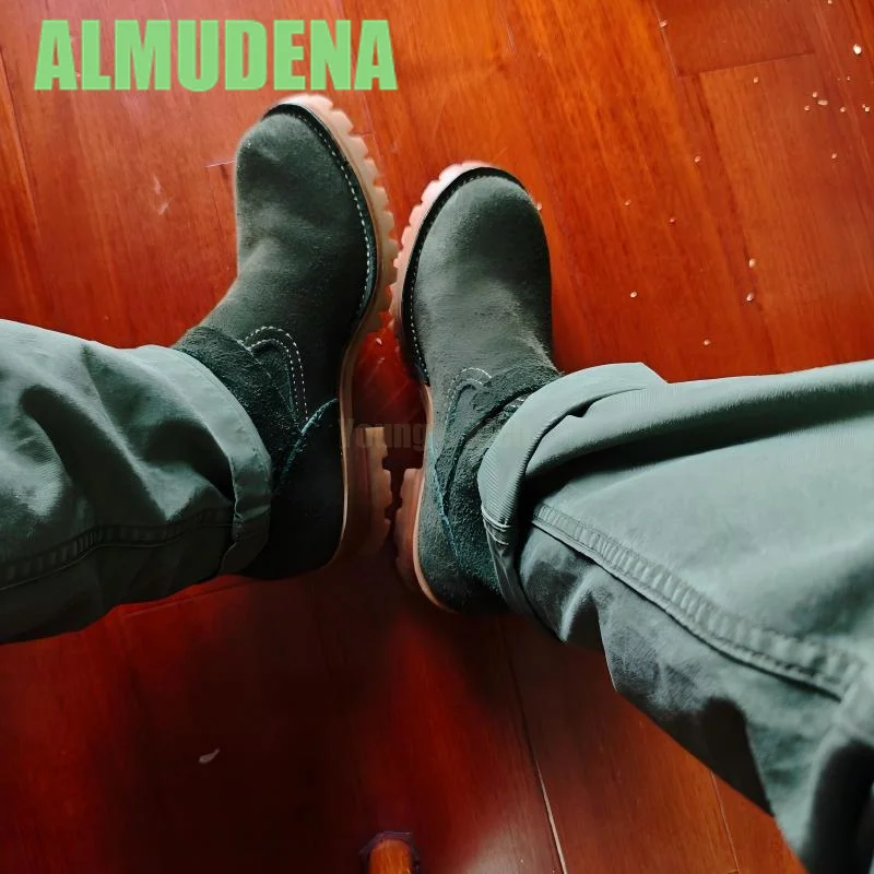 Suede Military Green Motorcycle Boots Metal Belt Buckle Knight Boots Trendy Men's Minimalist Sleeve Height Increasing Boots