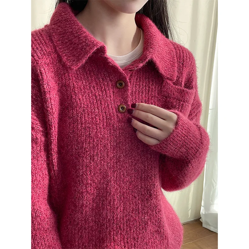 Berry Pink Polo's Sweater Loose Fitting Pullover Knit Sweater For Women Winter