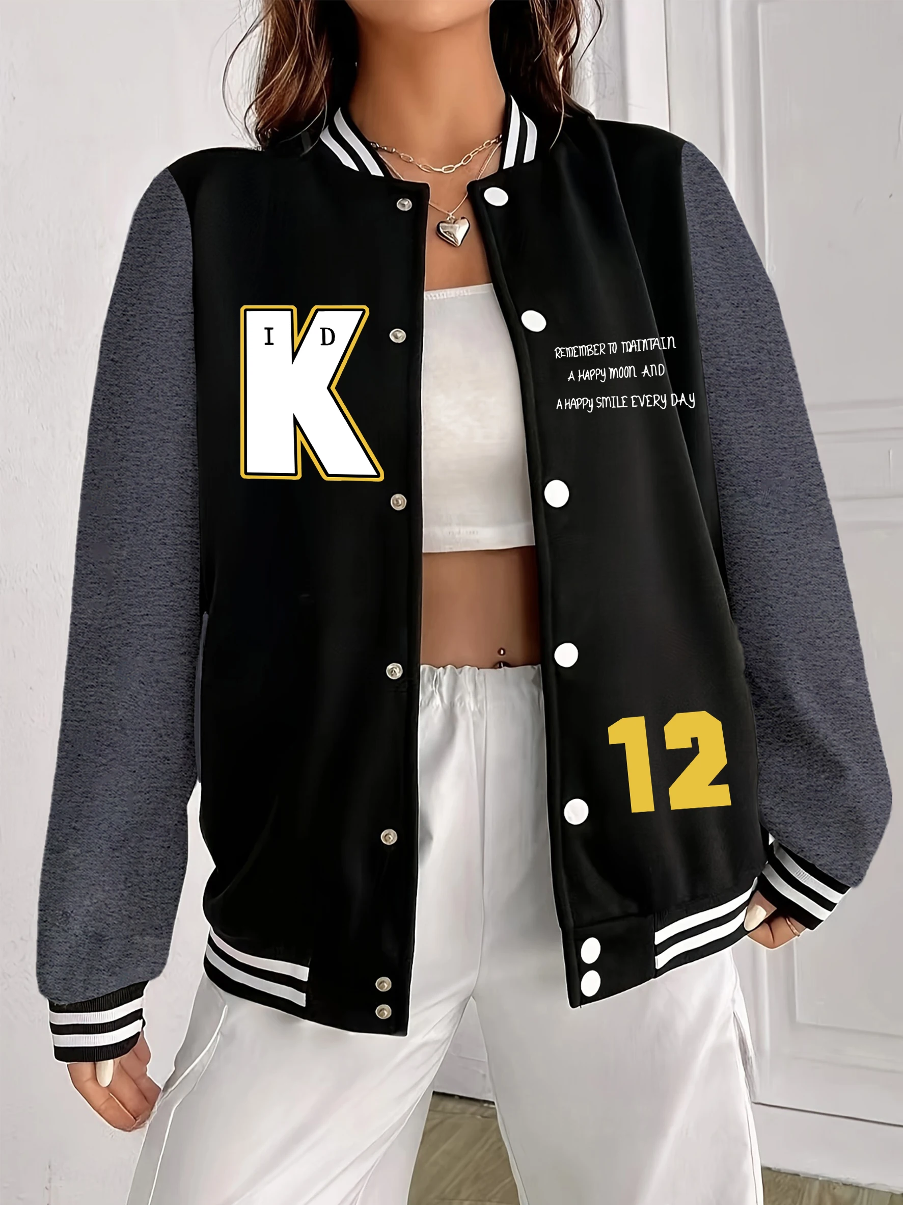 

A Happy Moon And K 12 Design Women Baseball Uniform Fashion Oversized Clothes Pocket Autumn Jacket Woman Warm Streetwear