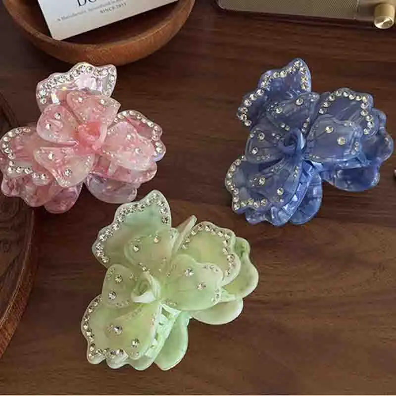 Fashion High End Blossom Rhinestones Hair Claw Simple Three Dimensional Acetate Flower Large Shark Clip Versatile Hair Accessory