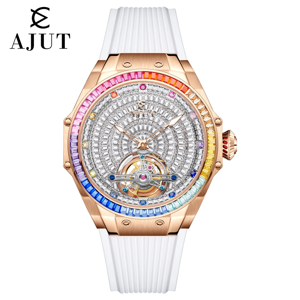 AJUT automatique Tourbillon mouvement montres pour homme saphir volant mécanique avec diamants carrés ciel étoilé montre pour hommes 0382