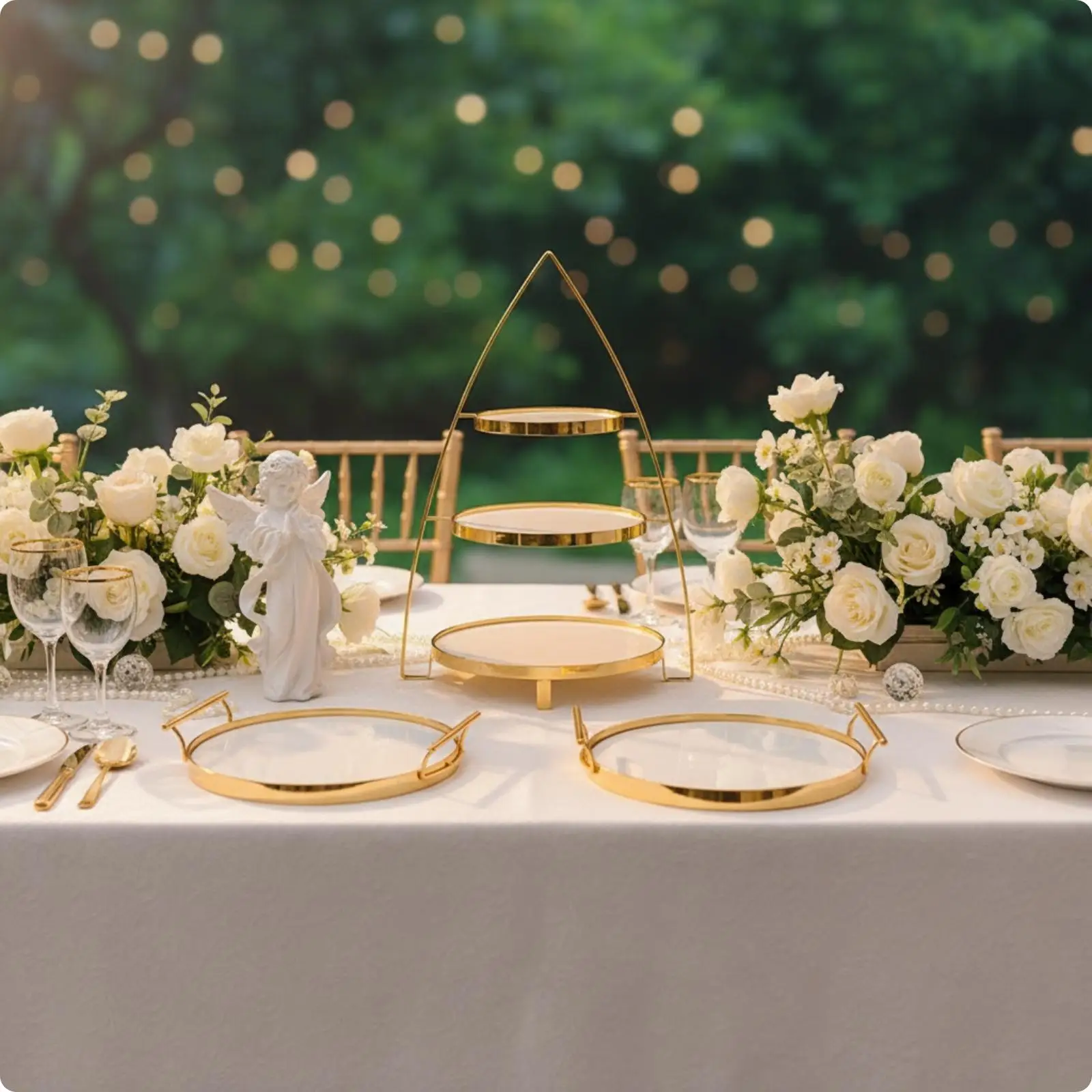 Ceramic Tiered Dessert Stand with Gold Iron Frame for Cupcake Display and Event Table Setup