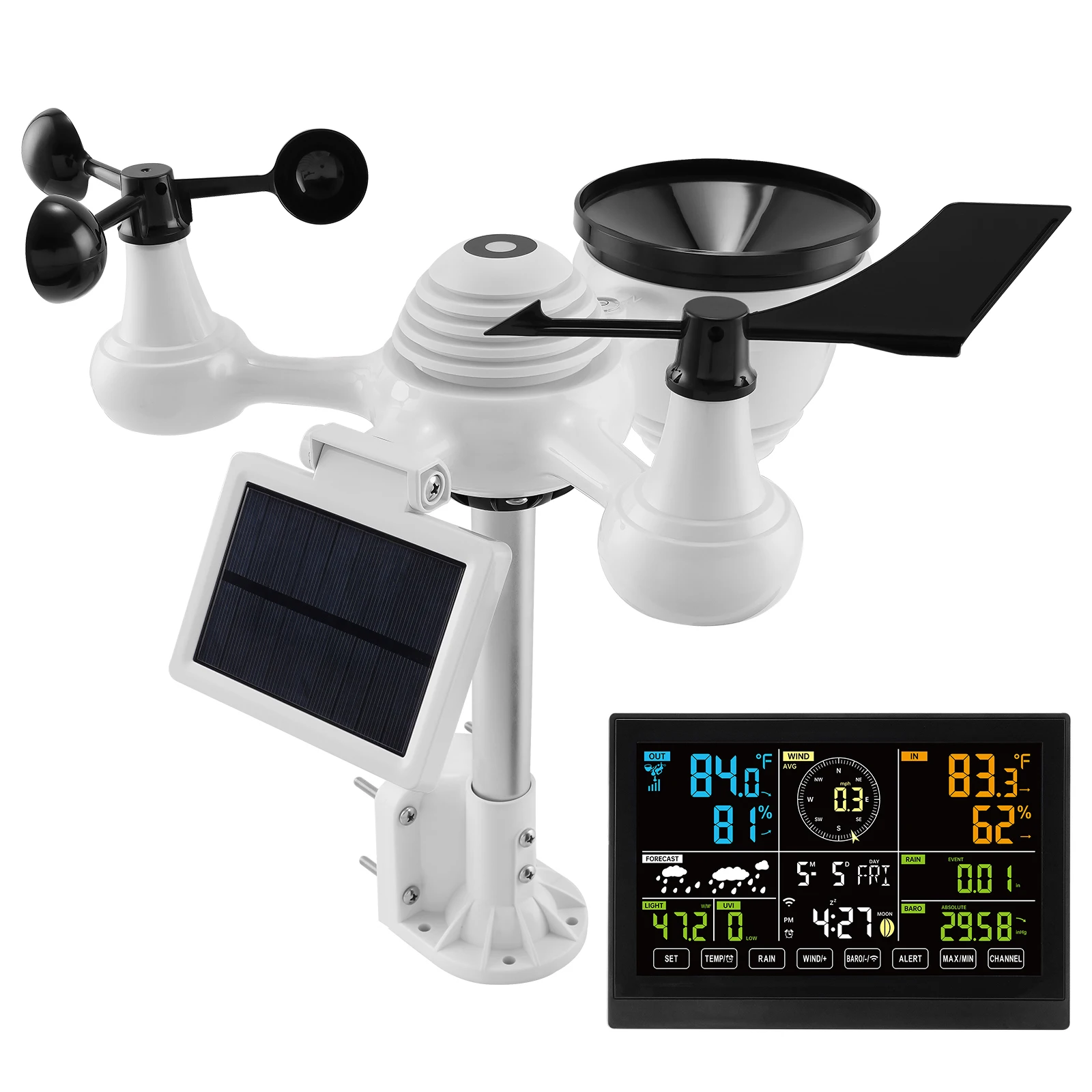 VEVOR 7-in-1 Wi-Fi Weather Station 7.5 in Color Display with Solar Wireless Outdoor Sensor Alarm Alerts for Temperature Humidity