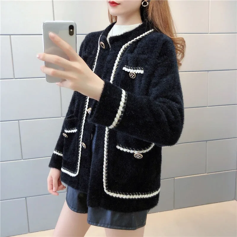 Women Sweater Autumn Winter Korean Fashion Style Knitted Cardigan Loose Pearl Beaded White Black Coat