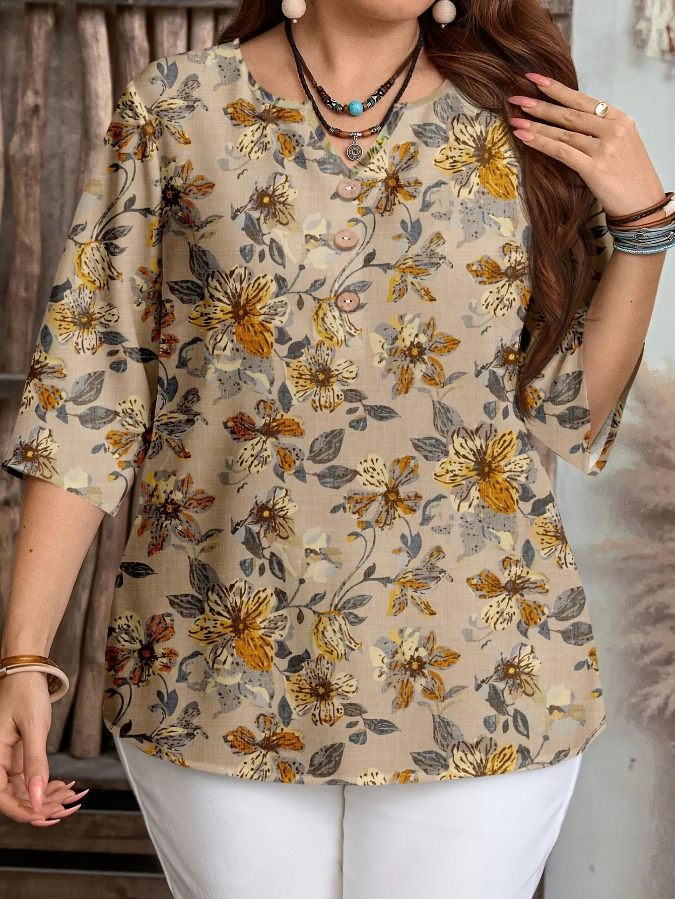 Women Notch V Neck 3/4 Sleeve Blouse Tulip Maple Leaf Mexican Bird Vintage Floral Print Loose Casual Daily Shirt