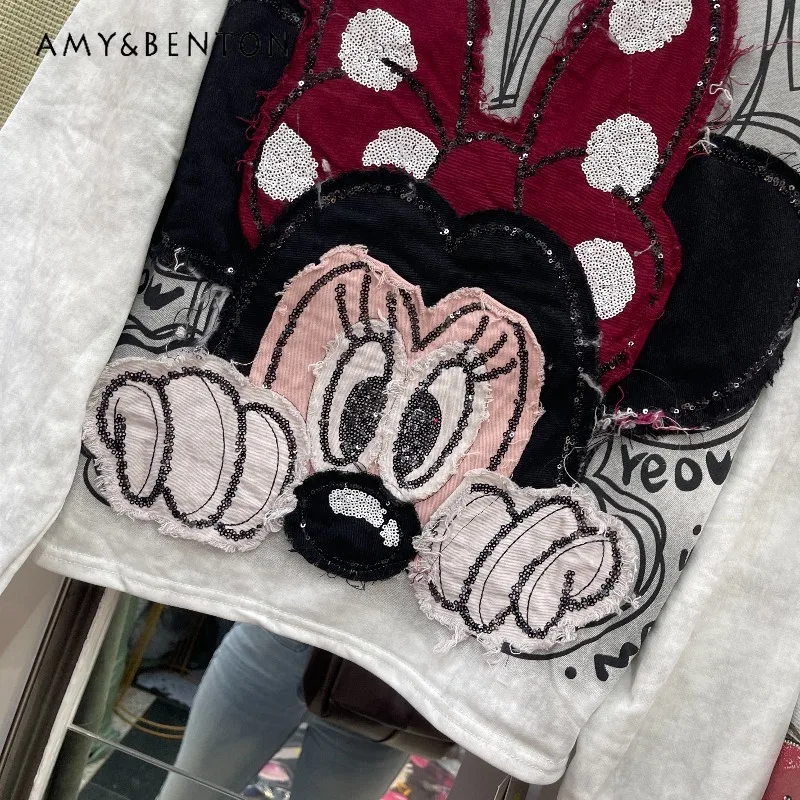 Y2k O-Neck Sudaderas Coat Heavy Industry Cartoon Patch Embroidery Long Sleeved T-shirt Hoodies Loose Casual Sweet Sweatshirt