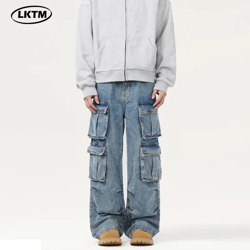 

2025 men's retro washed multi-pocket jeans, street handsome casual straight tooling jeans