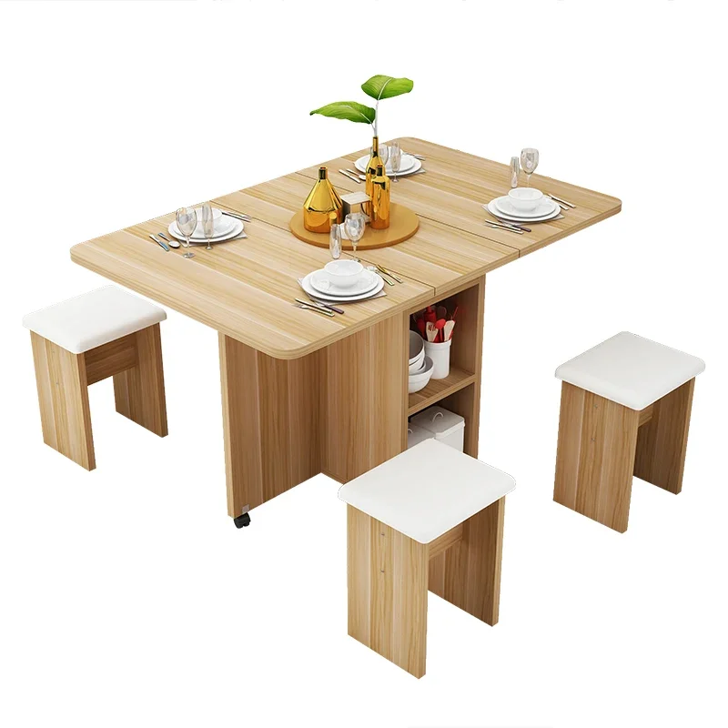 Multifunction Four Seater Dining Table Chair Set 140cm Movable Folding Wooden Dinner 4 Chairs Storage Restaurant Furniture