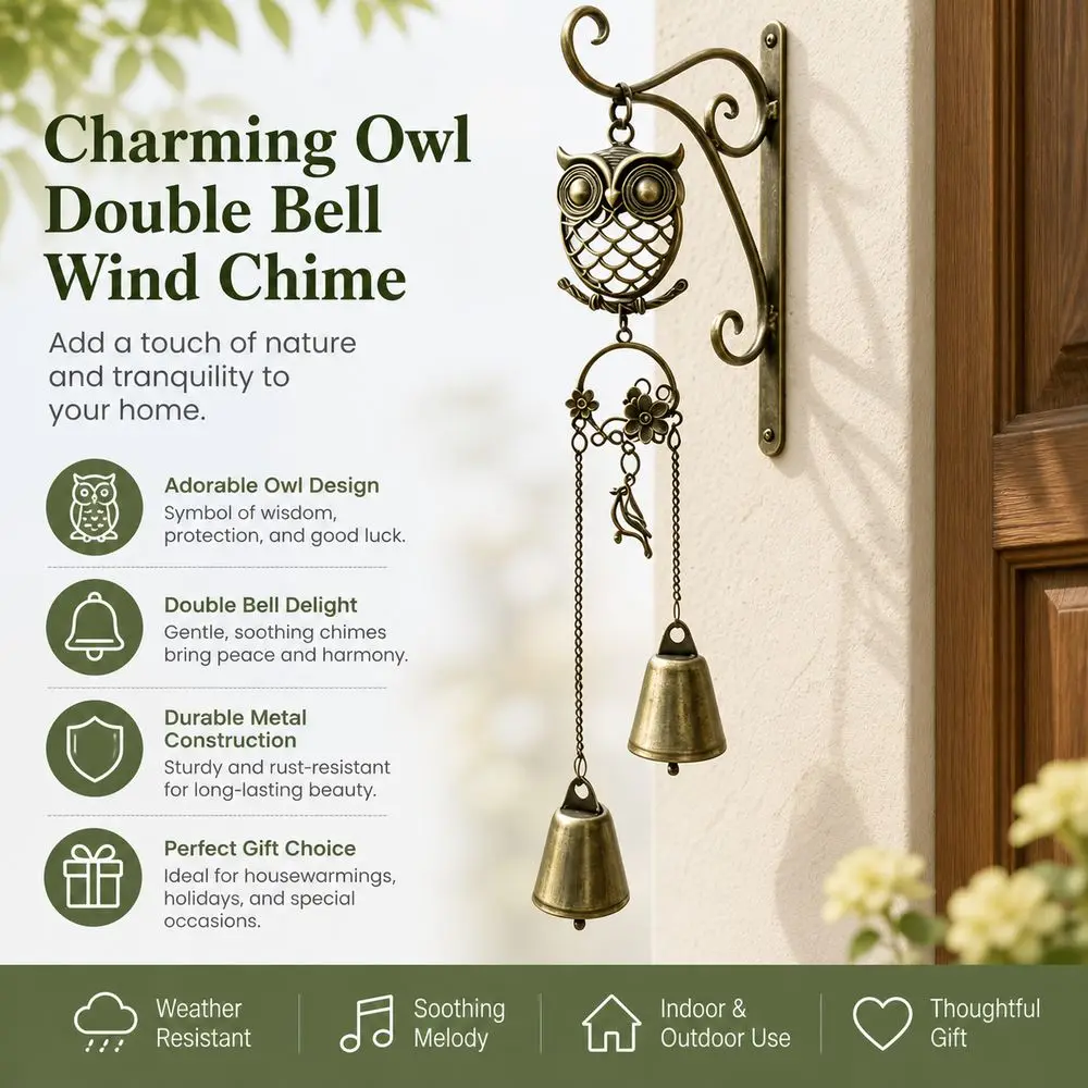Metal Wind Chime Owl Wind Chime Double Bells Owl Shape Decorative Pendant Butterfly Detail Metal Window Ornament Home Decor