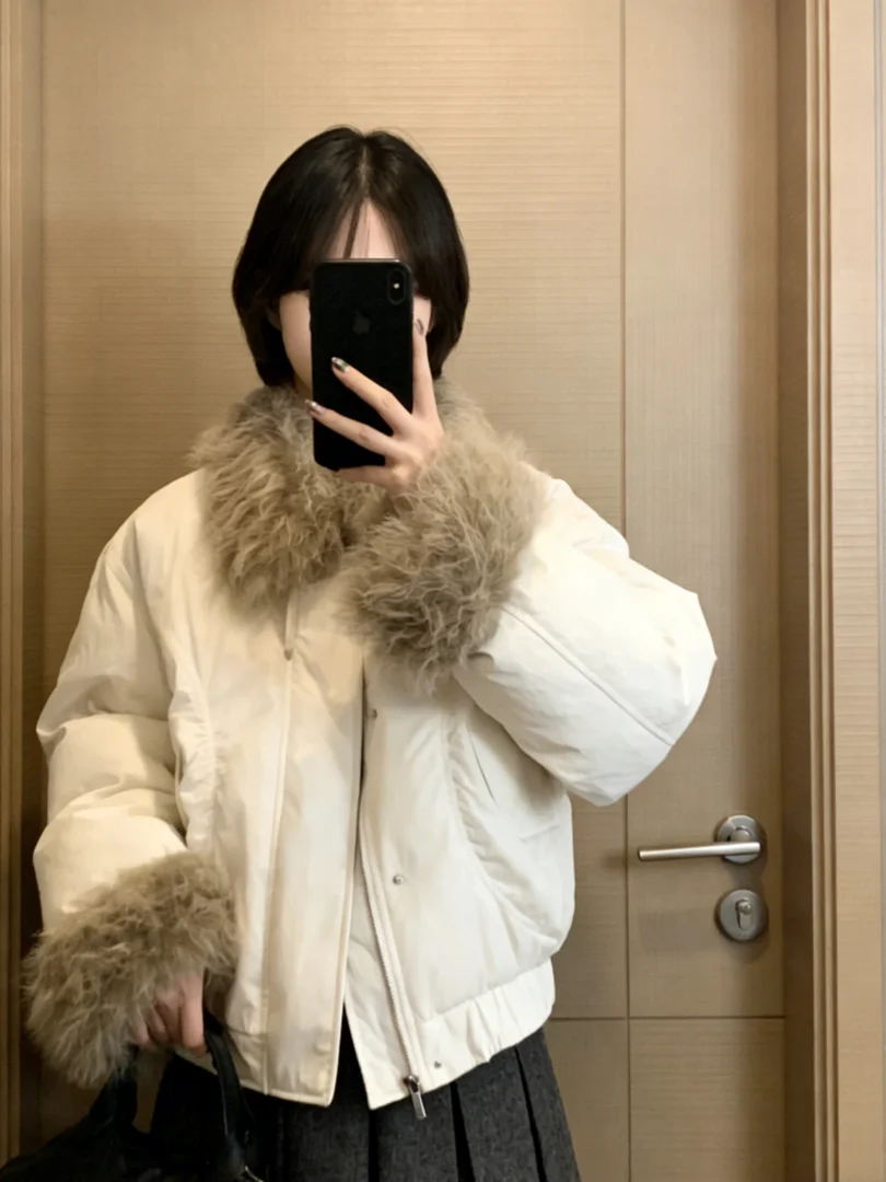 

Sli Korean Sle ort Cotton Jaet Thiened Warm Fur Collar Winter Coat Commute Straight Tube Long Sve Zipper Pure ...