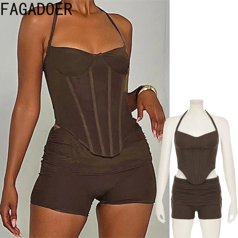 

FAGADOER Women 2 Piece Set Outfit Sexy Spaghetti Strap Patchwork Crop Top and Shorts Fashion Suits Hot Girl Streetwear 2025 New