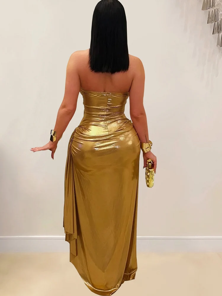 Kricesseen Sexy Women's Metallic Gold Halter Maxi Dress New Ladies Ruched Cut Out Backless Chain Detail Formal Party Gown