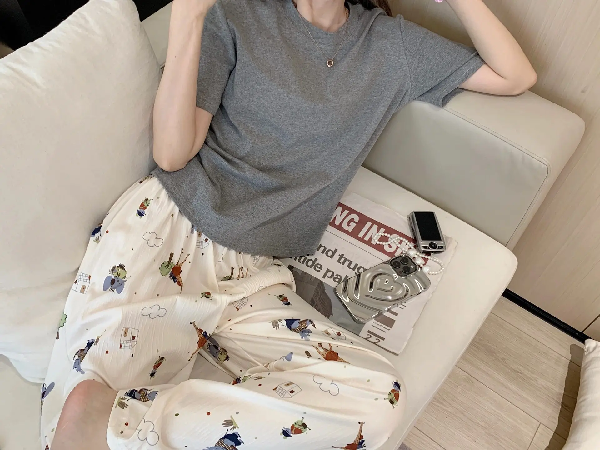 2024 New Pajamas Women\'s Spring and Autumn Short Sleeve Long Pants Suit Casual Luxury Sense Loungewear Simple Korean Style