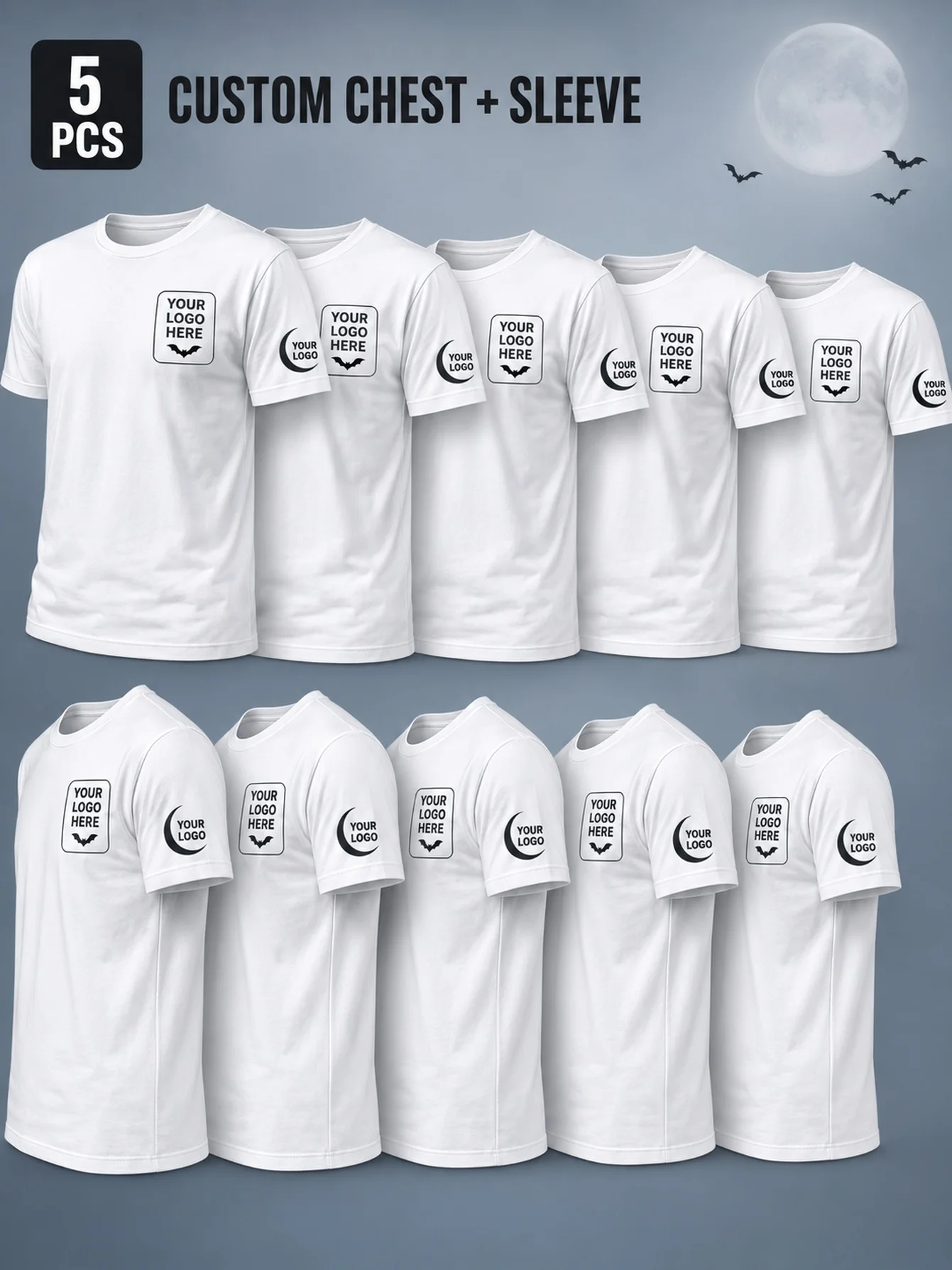 5-piece customized men's T-shirt, with LOGO, text, and photo patterns printed on the chest and cuffs for Halloween parties