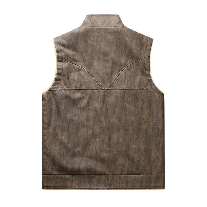 الشتاء رجل الصوف عادية أكمام سترة جلدية الرجال متعدد جيب صالح البضائع دراجة نارية سترة الرجال العمل السائق صدرية جلدية #5