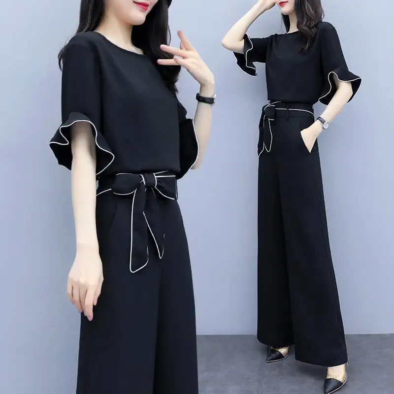 Fashion Solid Color Women Summer 2024 Round Neck Ruffles Short Sleeved Tops High Waist Casual Loose Solid Color Two Piece Set