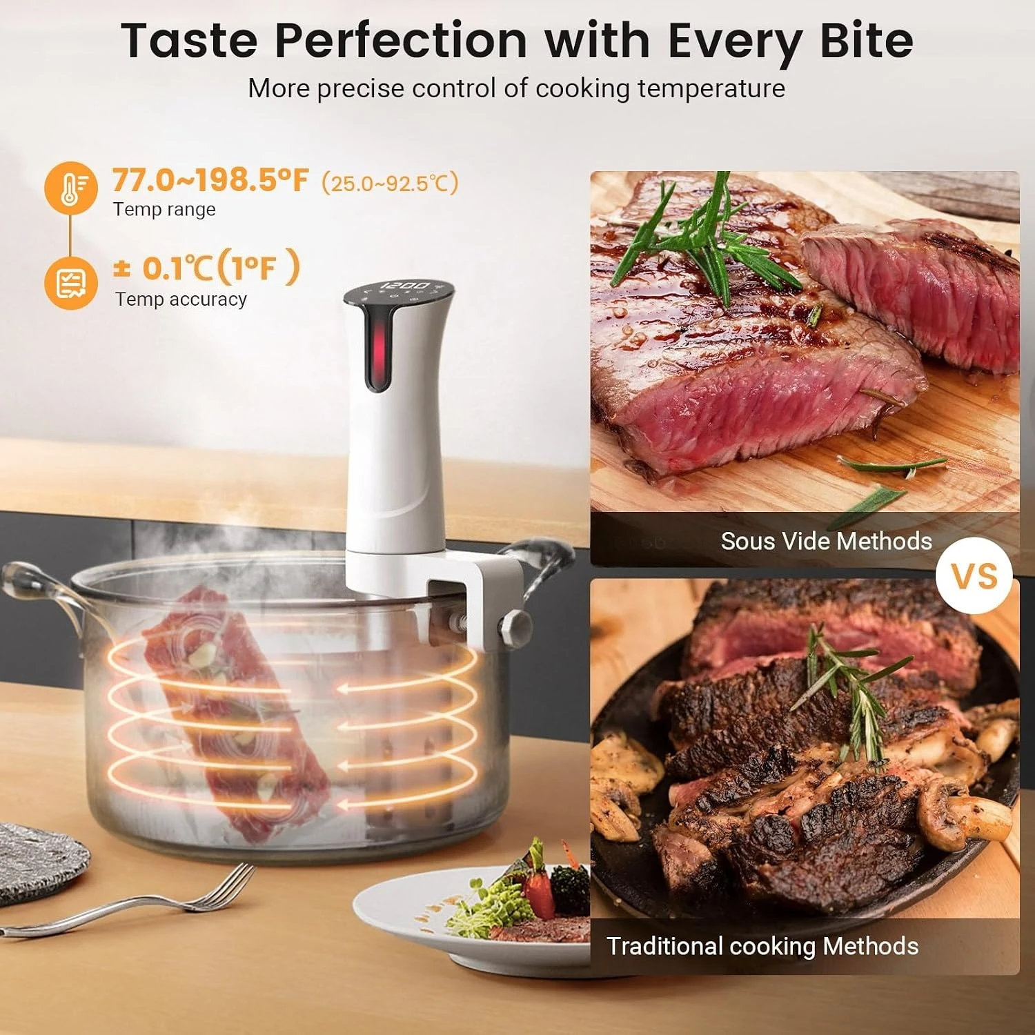 1100W Stainless Steel WiFi Sous Vide Cooker, Precise Temp & Timer, Ultra Quiet Precision Immersion Circulator, Kitchen Tool with Free Recipes