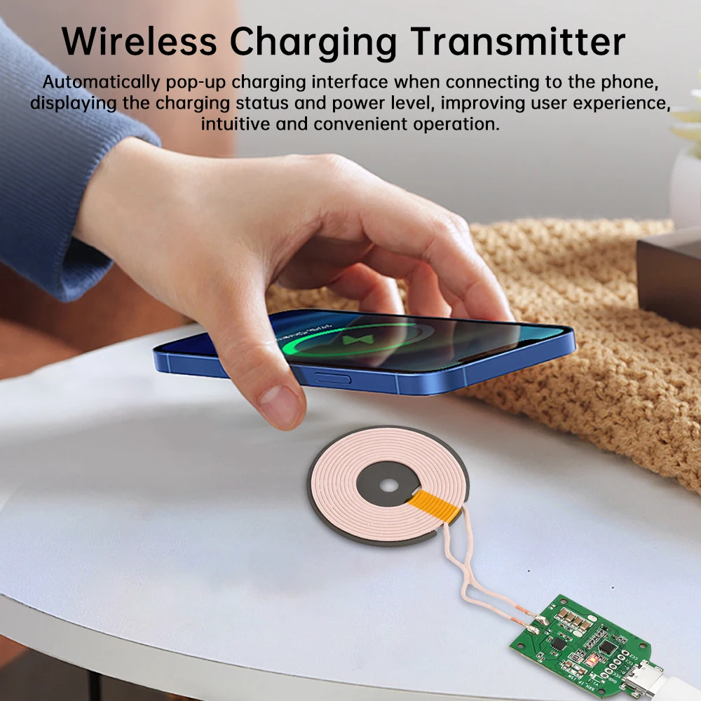 

15W High-power Wireless Charging Transmitter Board DC5V/9V/12V Input Type-C 0-10mm High-speed Wireless Charging Module