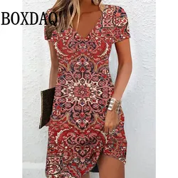 Summer Women's Dress Vintage V-Neck Short-Sleeve Loose Dress Casual Retro 3D Print Fashion Dresses For Women Vestidos Sundress