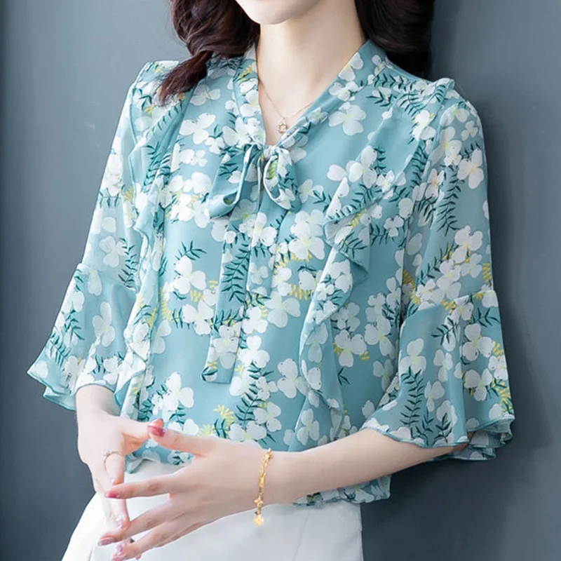 Elegant Fashion Floral Printed Bow Drawstring Chiffon Shirt Summer 2023 V-Neck Three Quarter Sleeve Slim Blouse Women's Clothing