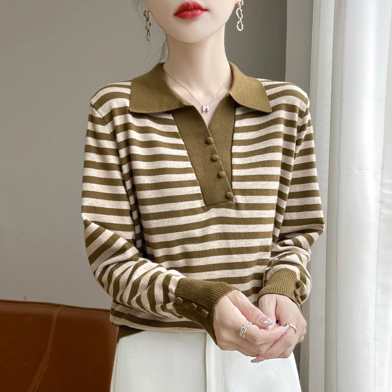 2024 Autumn Winter New Autumn Winter Striped Cashmere sweater Women lapel Neck Cashmere Sweater Soft Sweaters Women