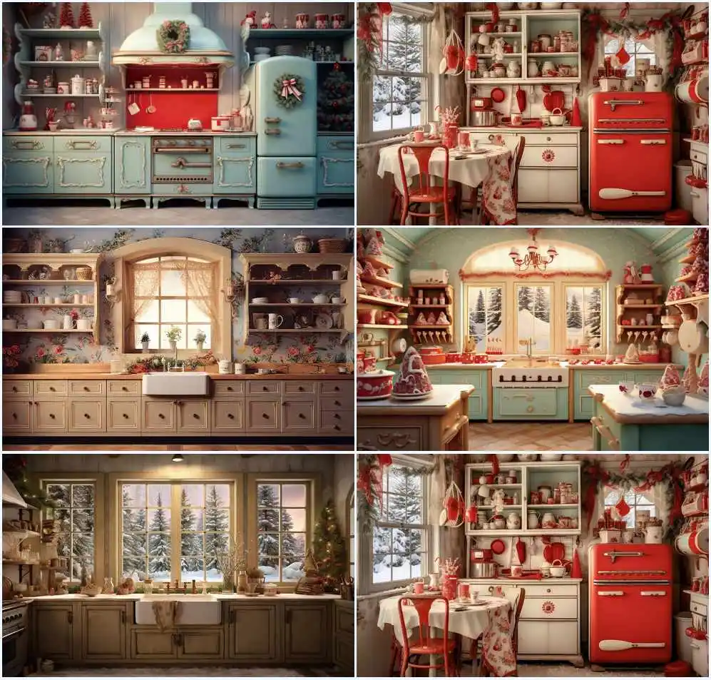 

Mehofond Christmas Kitchen Backdrop Winter Christmas Indoor Wood Cupboard Family Portrait Photo Decor Background for Photography