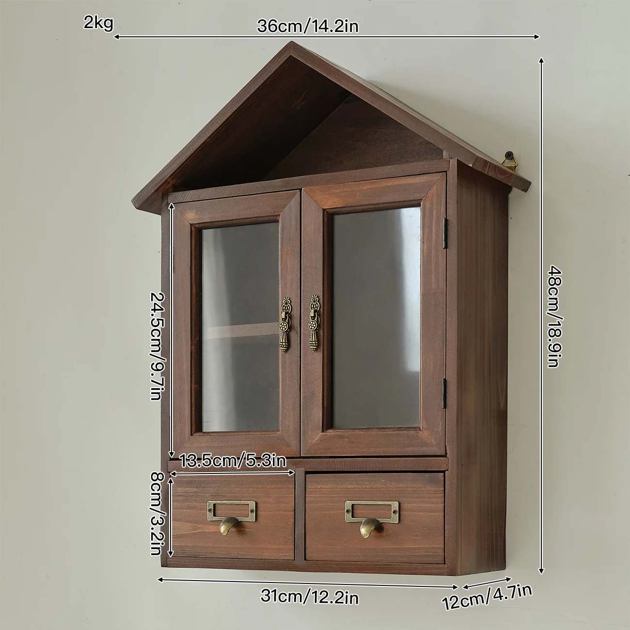Solid wood storage rack with double doors and drawers, wall and desktop storage cabinet, vintage style for living room and bedro