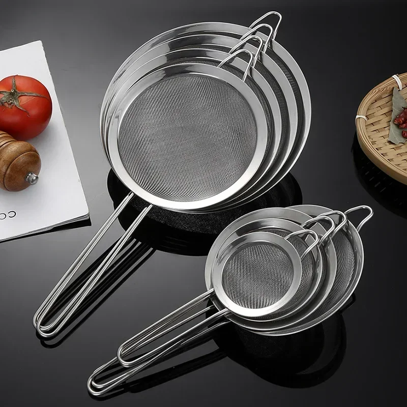 Проволока из нержавеющей стали, мелкоячеистый фильтр для масла, дуршлаг для муки, сито для чая, кухонное сито, фильтрующий инструмент, набор металлических сит с длинной ручкой