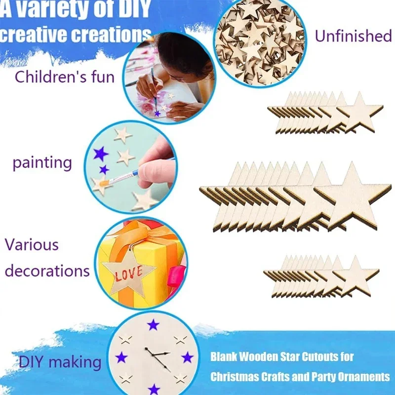 10pcs 10cm Unfinished Wooden Star Blank Natural Wood Slices Wooden Cutout Tiles for DIY Crafts Painting, Wedding, and Home Decor