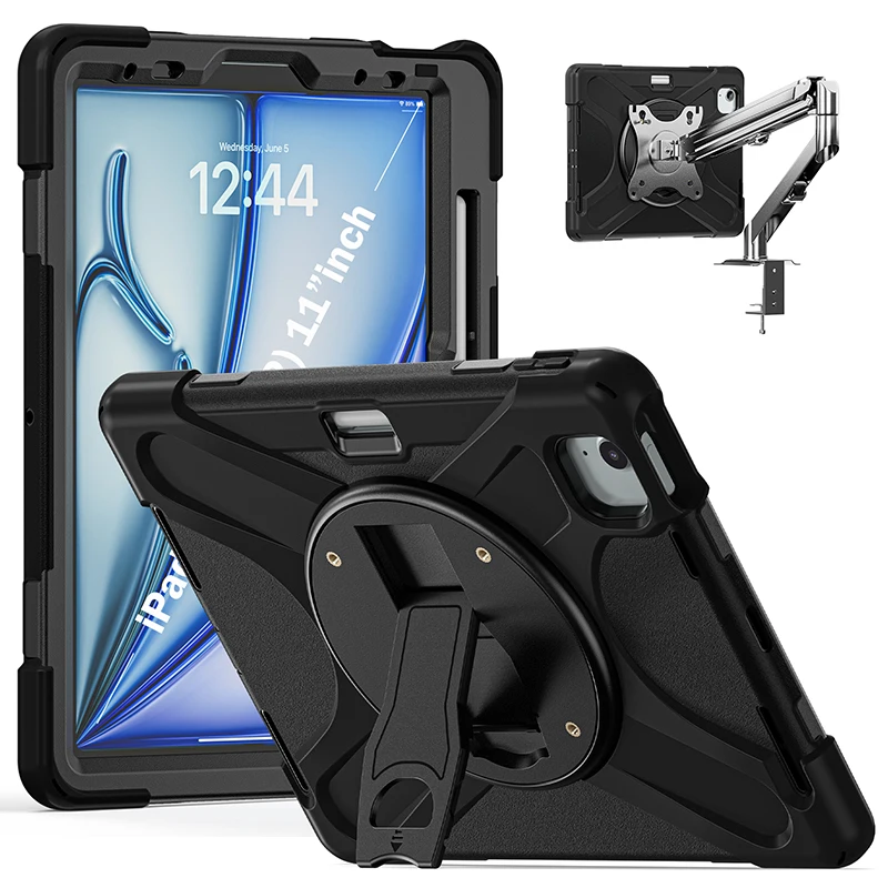 ipad-air-11インチ-2024-m2タブレットケース-キックスタンドホルダー-ペンシルスロット-360度回転ディスク-4穴ネジ付き-保護カバー