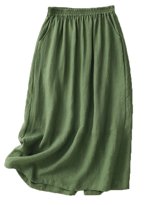 

Retro Japanese Cotton Linen Bloomer f Skirt Women's Summer Elastic Waist Midi Skirt Asymmetrical A-Line Skirt