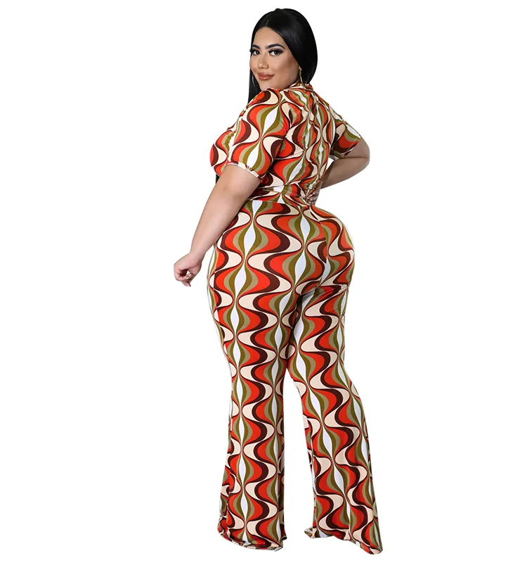 Summer Clothes Sexy Crew Neck Crop Top and Straight Long Pants Plus Size Women Printed Outfiits Clubwear Wolesale Dropshipping