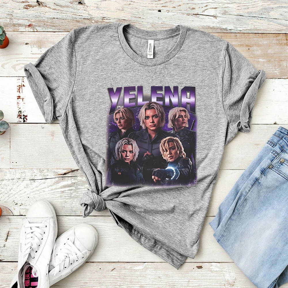 Limited Yelena Belova Thunder-bolts 셔츠 레트로 슈퍼 히어로 그래픽 티 MCU Florence Pugh Tee 트렌디 한 반소매 Tshirt 팬 선물