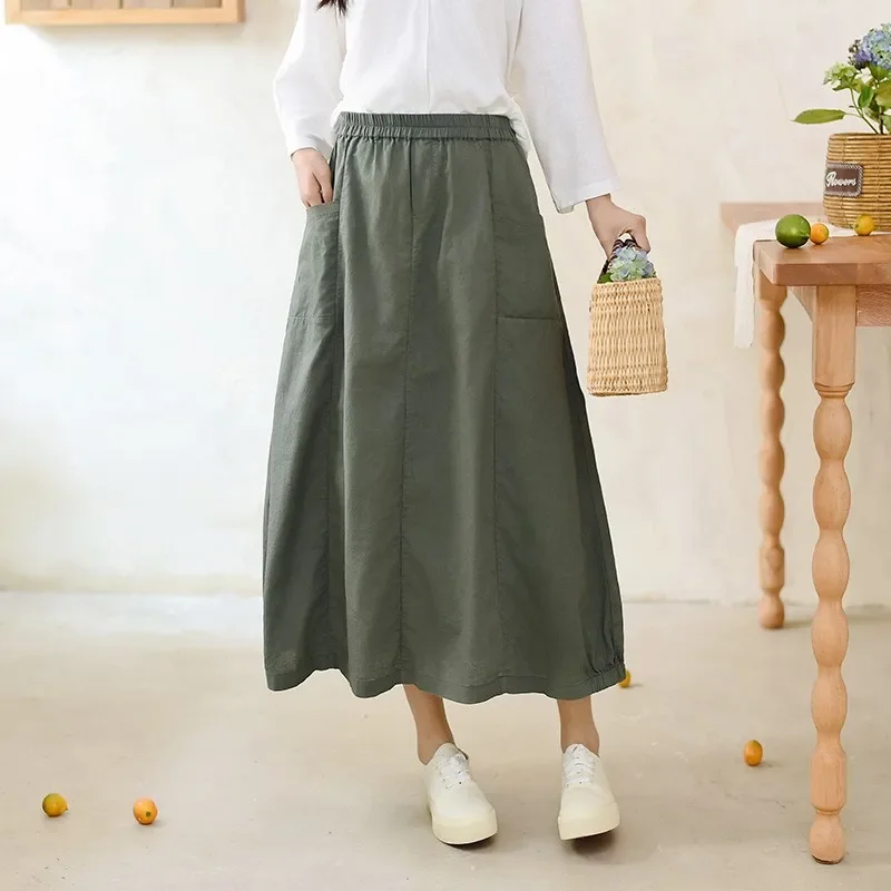 

Women Vintage Linen A-Line Skirts Solid Color Elastic Waist Patchwork Pockets 2024 New Spring Casual Women Skirts