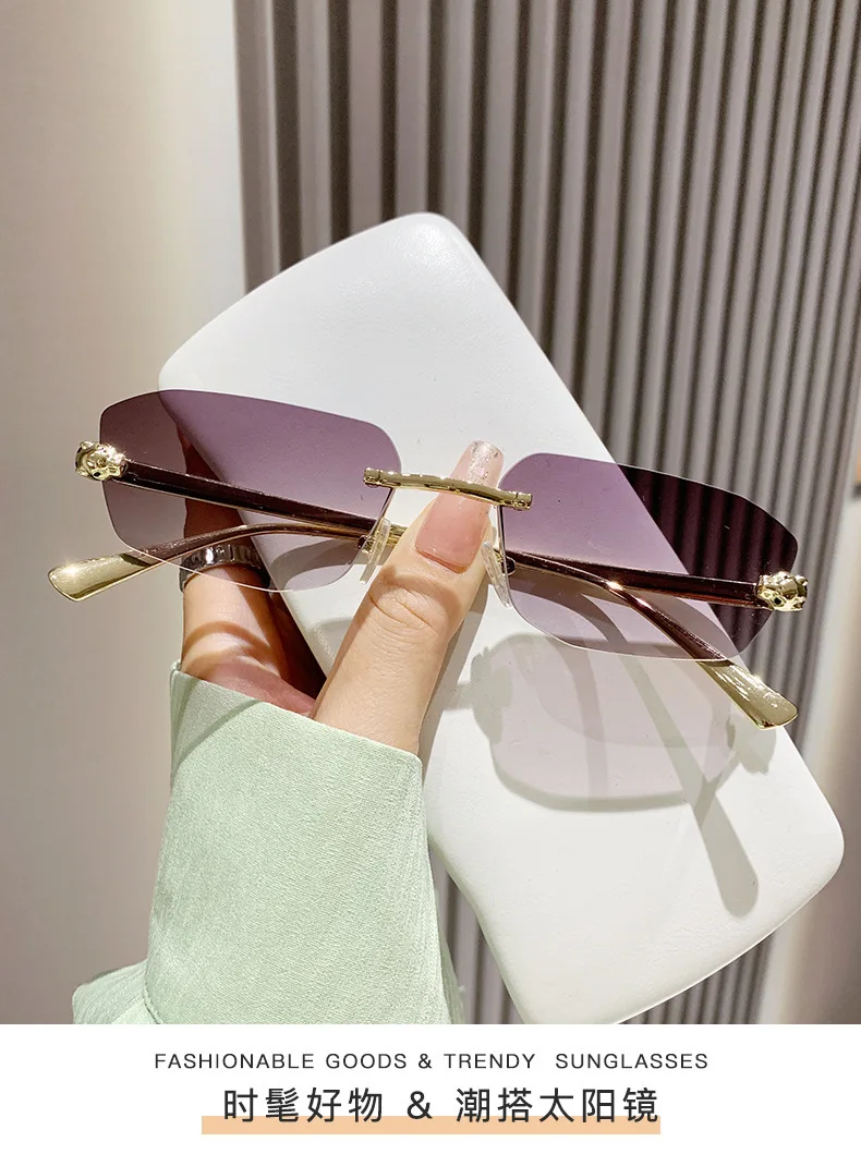 Classic Frameless Small Frame Fashion Sunglasses Metal Polygonal Cheetah Sunglasses High-End Luxury Retro Sunglasses Women UV400
