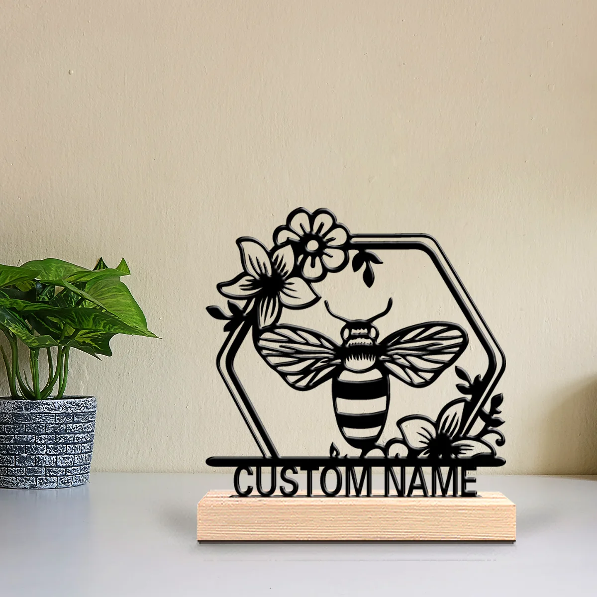 1 قطعة تماثيل معدنية رومانسية مخصصة على شكل نحلة تمثال سطح المكتب مع قاعدة خشبية ، مناسبة لعشاق الحيوانات ، Comm للحيوانات الأليفة #3