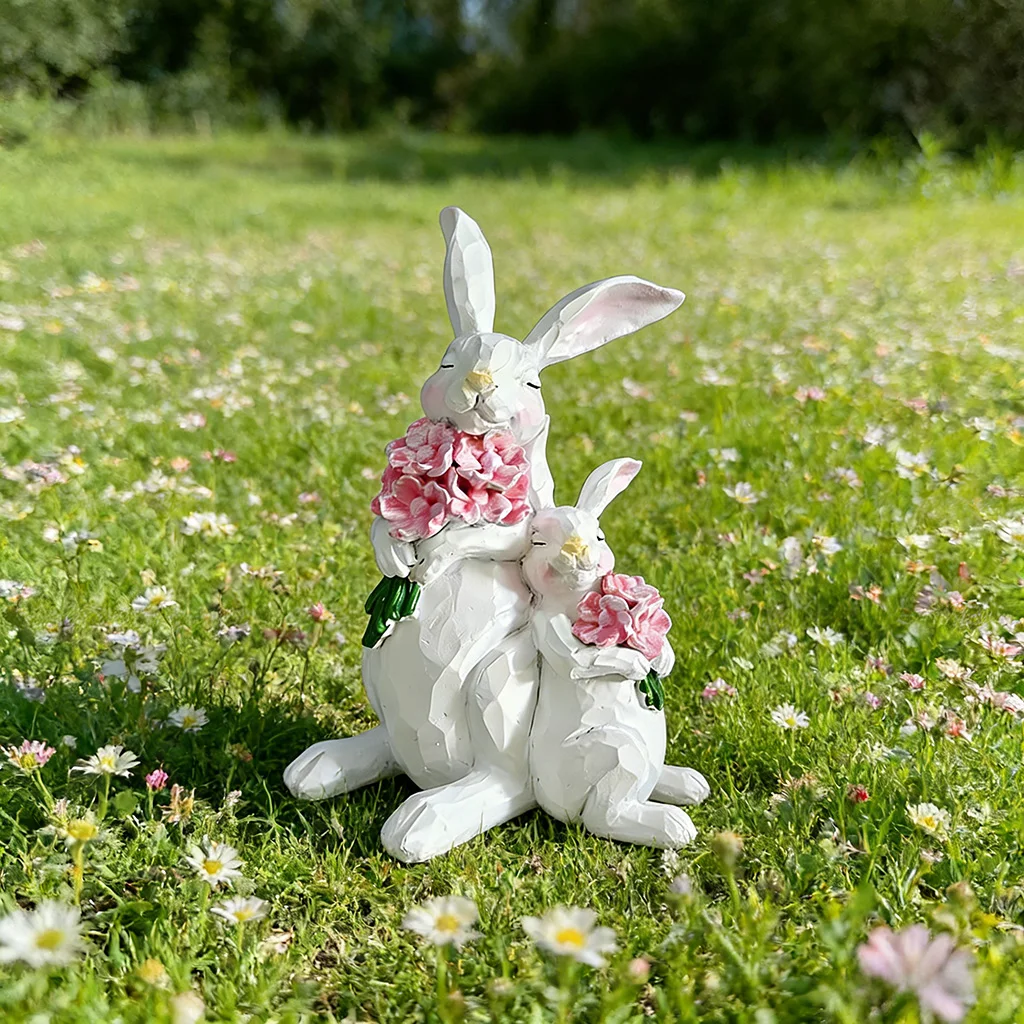 White Resin Geometric Rabbit Figurine Hugging Couple with Pink Flowers Handmade Ornament Creative Easter Valentine Gift